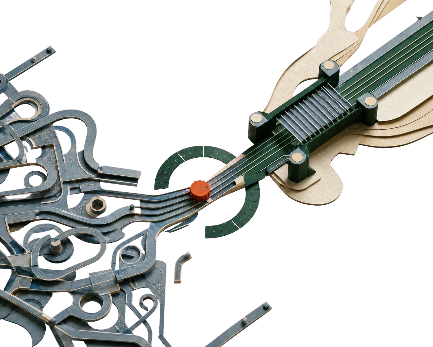 Scattered operational paths converge at a diagnosed bottleneck and emerge through a tailored working solution